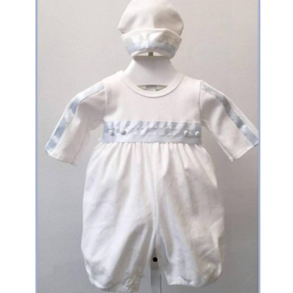 NEW BEBE GABRIELLE baby boys grayson romper and cap set in white/blue